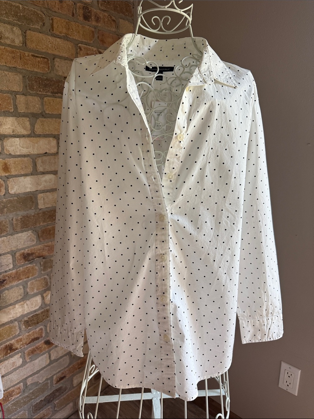 Petite Women’s White Button-Up Shirt with petite Black Dot Print